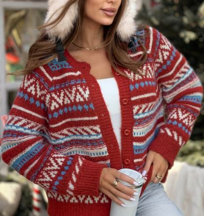 Christmas Red Jacquard Knit Cardigan