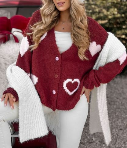 Burgundy Heart Jacquard Loose Cardigan