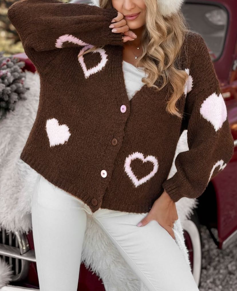 Burgundy Heart Jacquard Loose Cardigan
