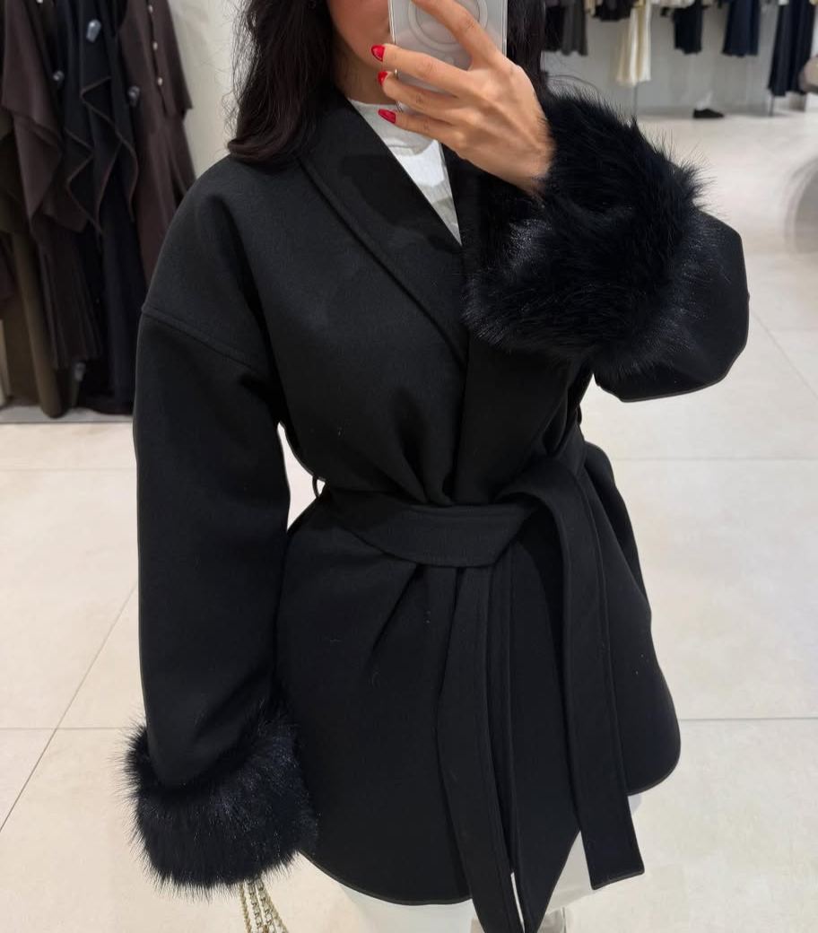 Black Wool Coat with Plush Sleeves
