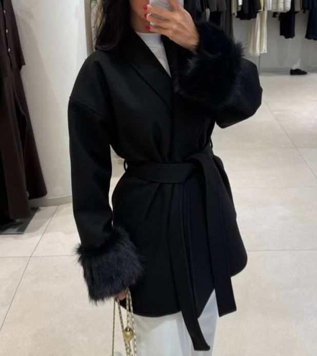 Black Wool Coat with Plush Sleeves