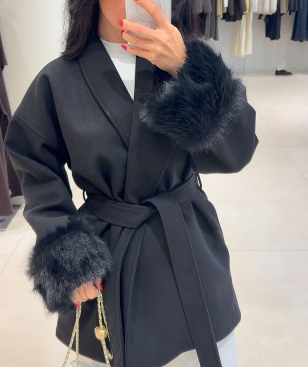 Black Wool Coat with Plush Sleeves