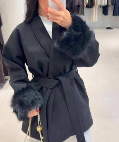 Black Wool Coat with Plush Sleeves