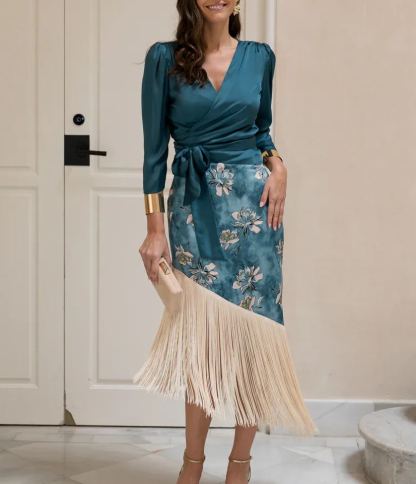 Gasoline Blue Tassel Skirt Set