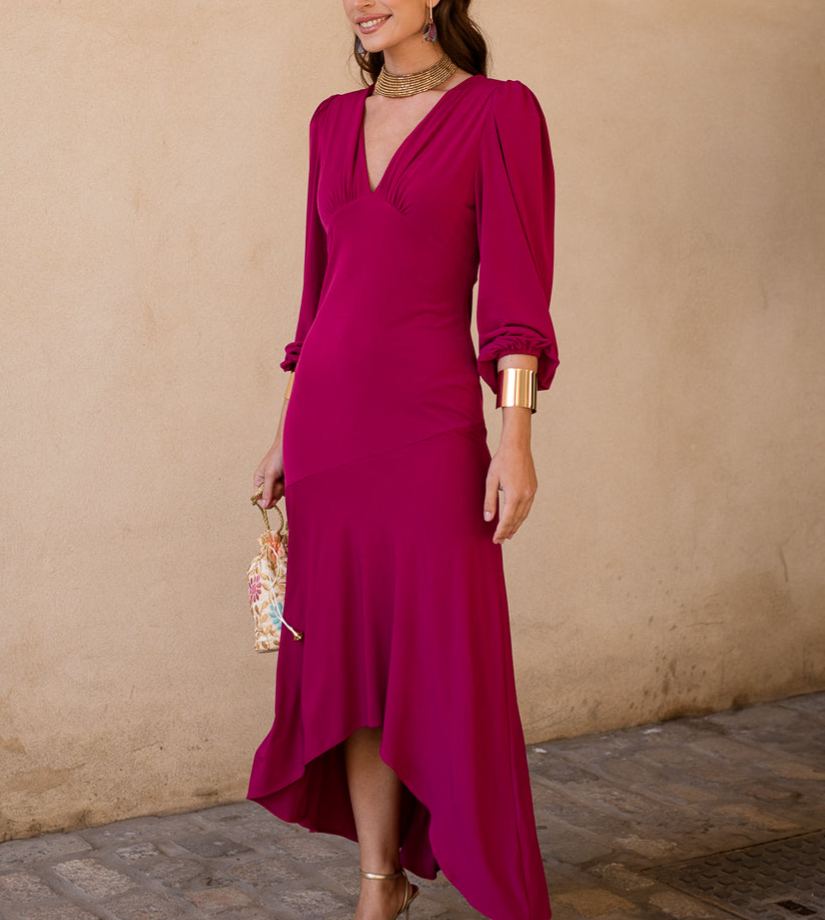Pink asymmetrical ruffle midi dress