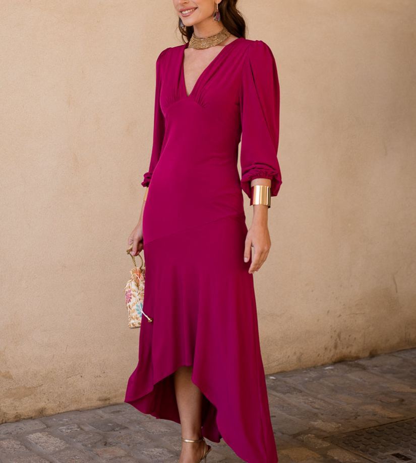 Pink asymmetrical ruffle midi dress
