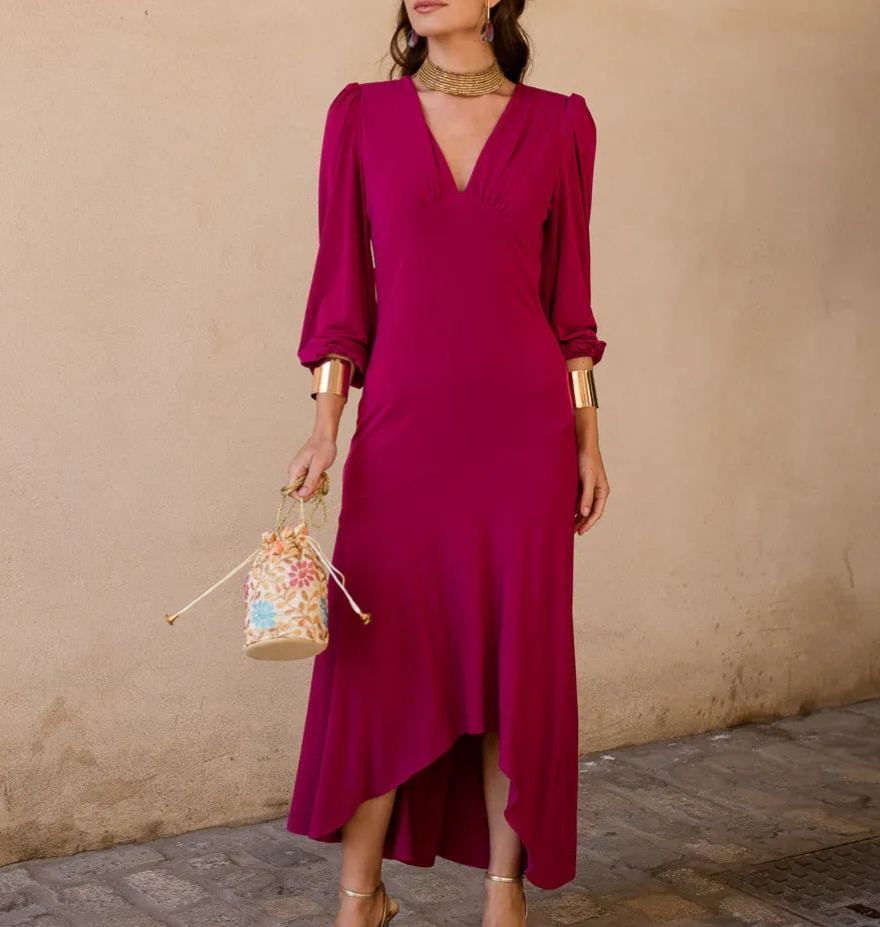 Pink asymmetrical ruffle midi dress