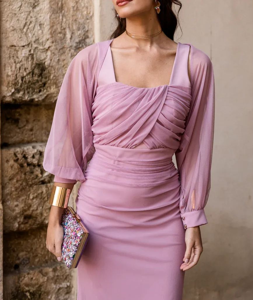 Nude Pink Tulle Sleeve Midi Dress