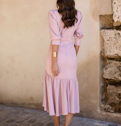 Nude pink ruffled midi dress