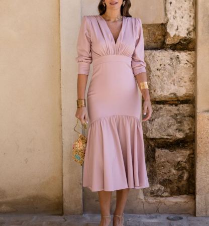 Nude pink ruffled midi dress