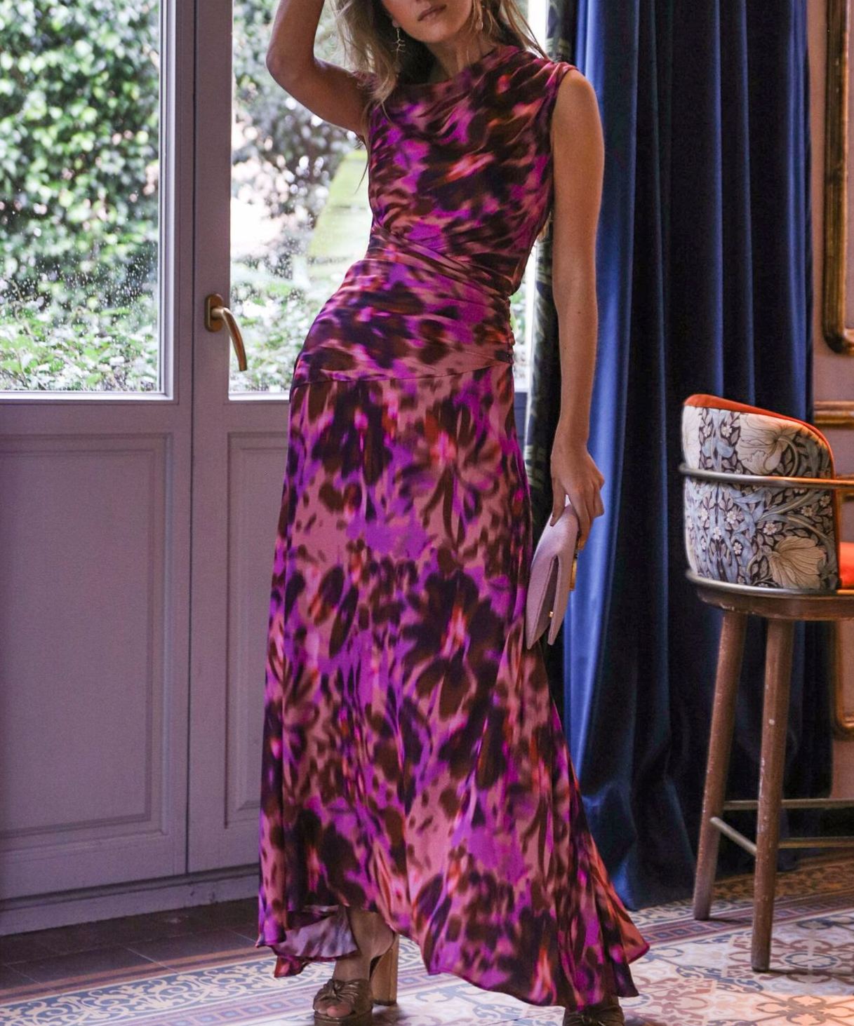Purple-toned tie-dye sleeveless fitted maxi dress