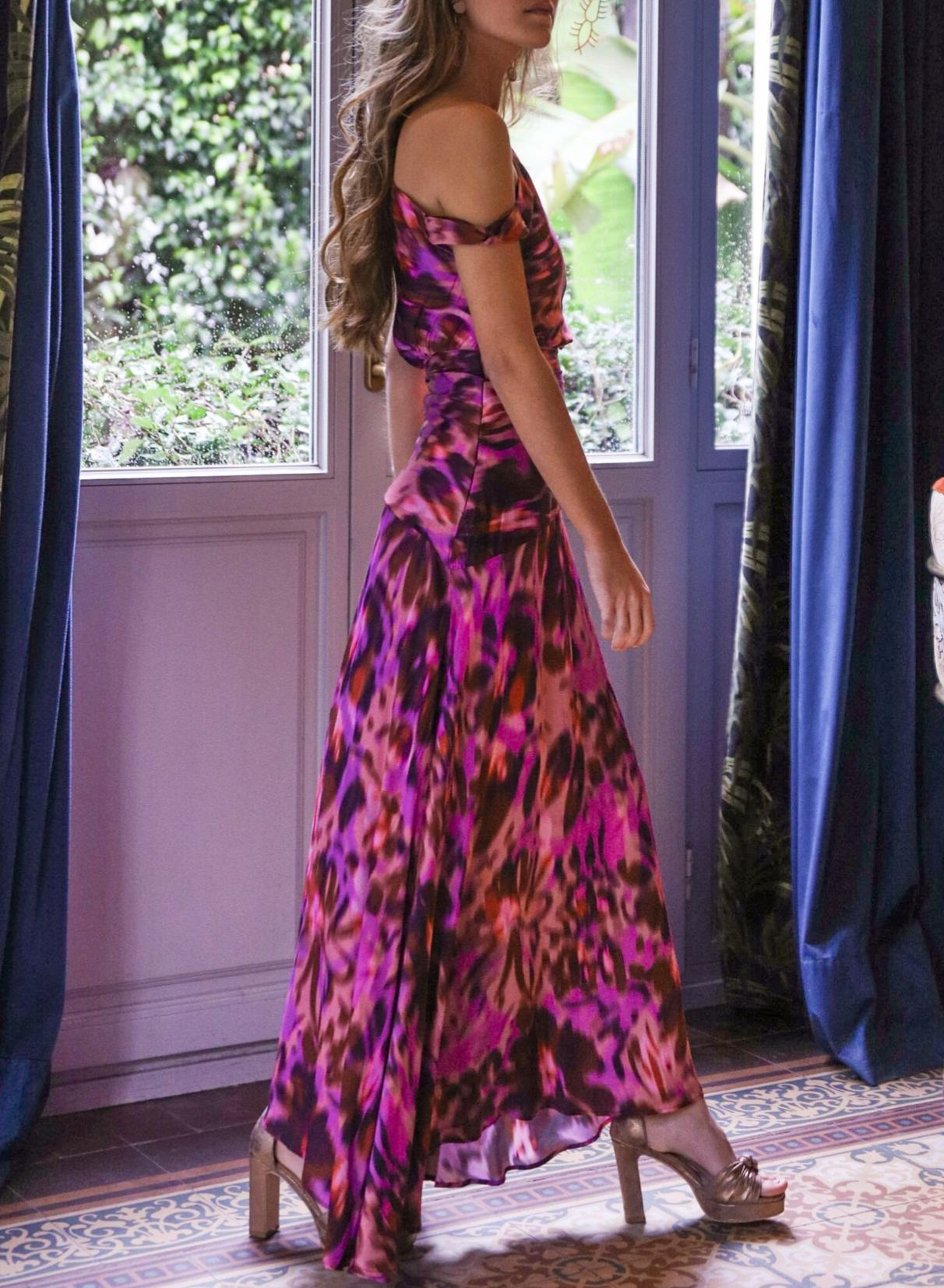 Purple-toned tie-dye sleeveless fitted maxi dress
