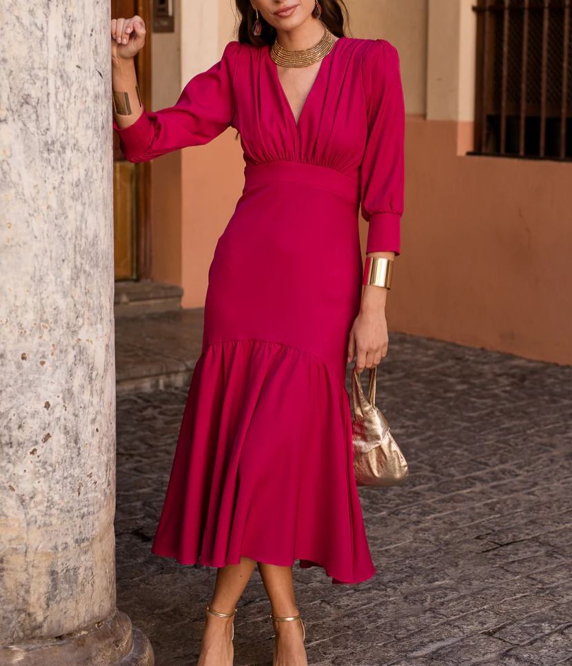 Raspberry-colored ruffled midi dress