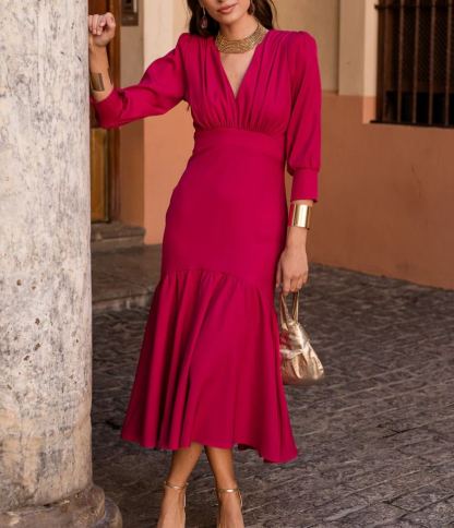 Raspberry-colored ruffled midi dress
