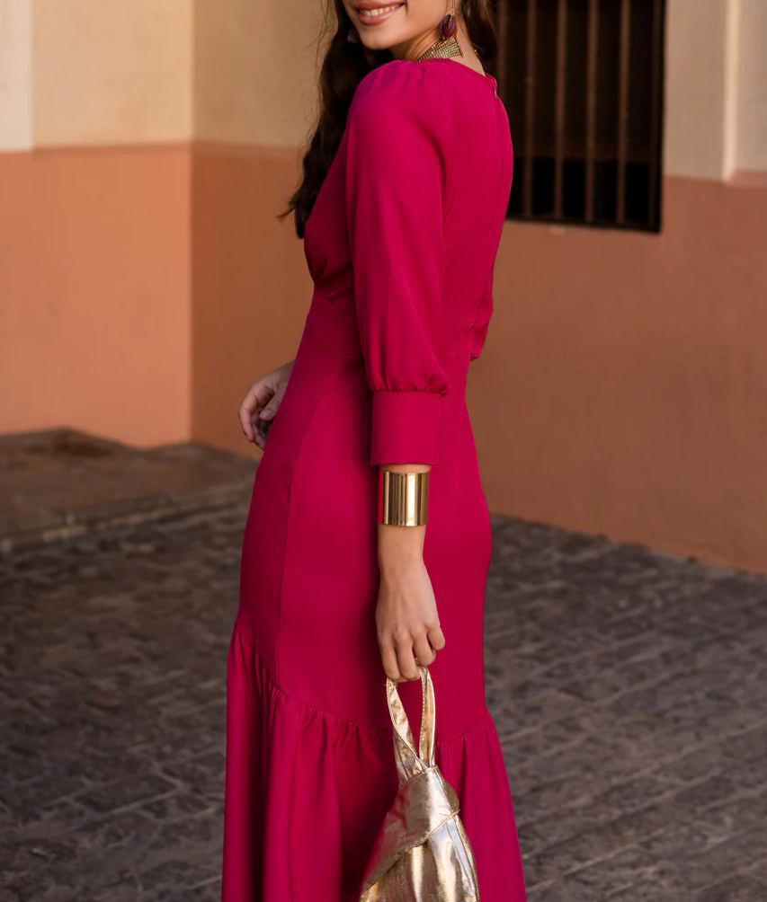Raspberry-colored ruffled midi dress