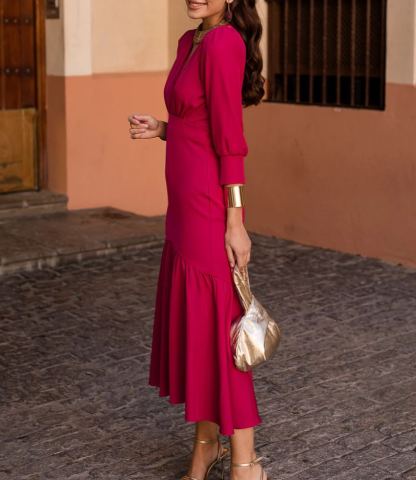 Raspberry-colored ruffled midi dress