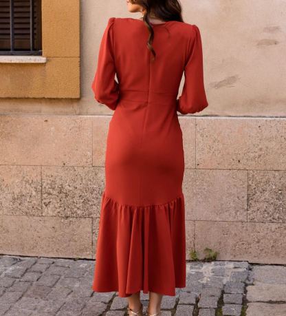 Terracotta-colored ruffled midi dress