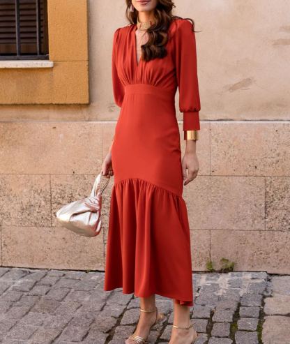 Terracotta-colored ruffled midi dress