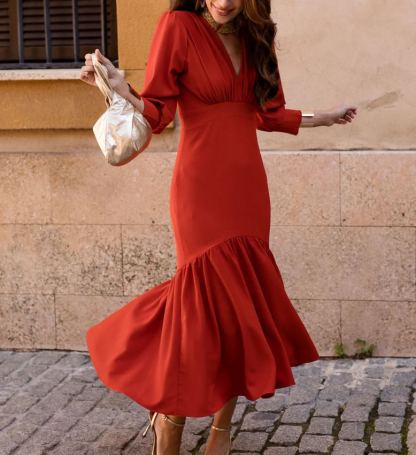 Terracotta-colored ruffled midi dress