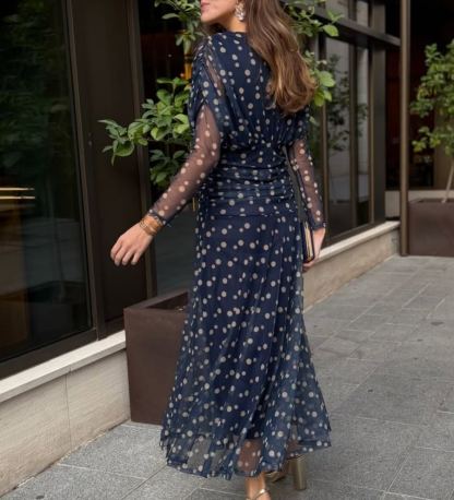 Navy Blue Polka Dot Mesh Dress