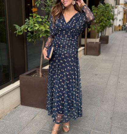 Navy Blue Polka Dot Mesh Dress