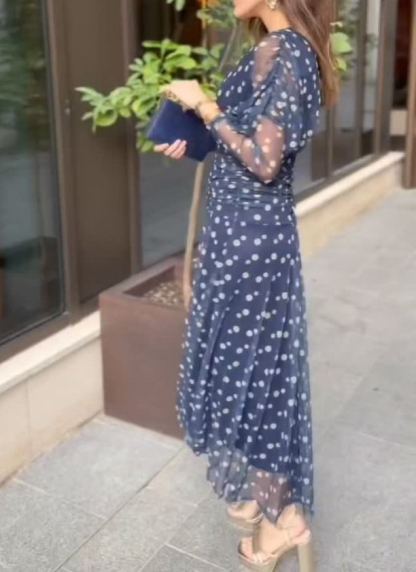 Navy Blue Polka Dot Mesh Dress