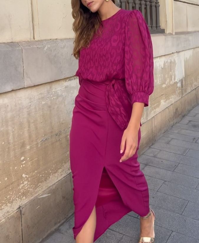 Fuchsia Jacquard Patchwork Slit Dress