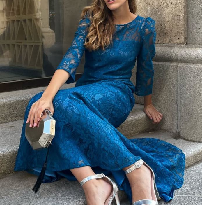 Royal Blue Lace Sheer Evening Gown