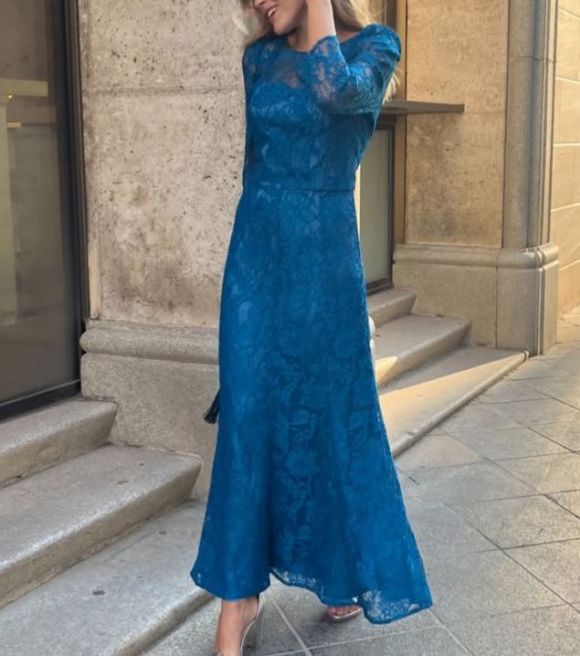 Royal Blue Lace Sheer Evening Gown