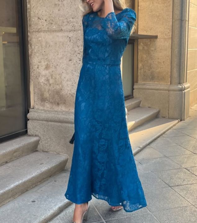 Royal Blue Lace Sheer Evening Gown