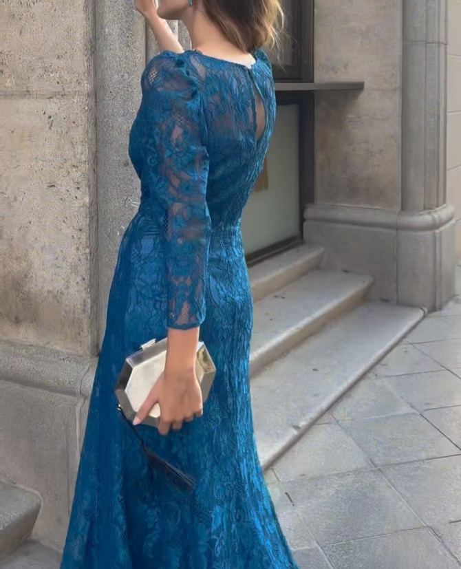 Royal Blue Lace Sheer Evening Gown