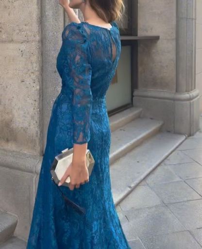 Royal Blue Lace Sheer Evening Gown