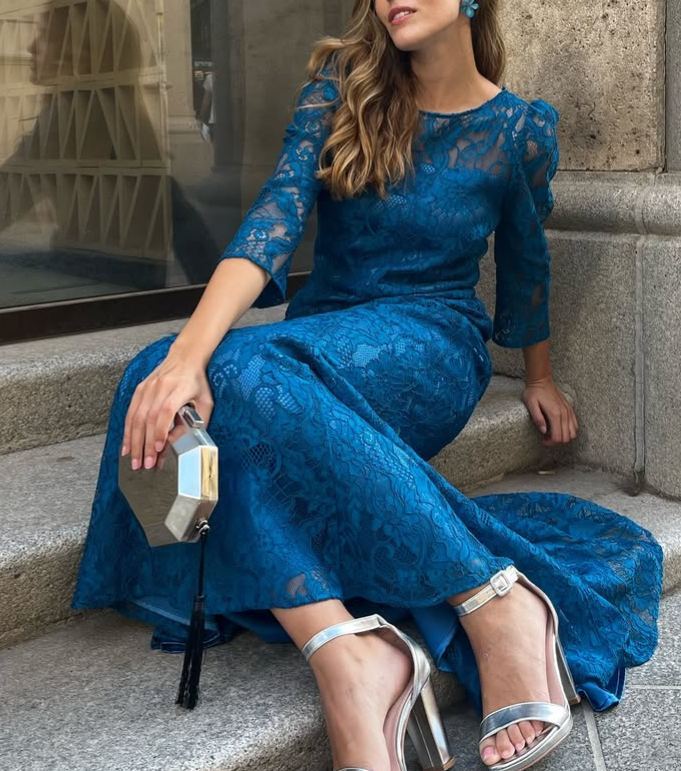 Royal Blue Lace Sheer Evening Gown