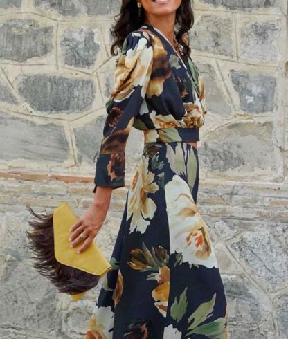 Dark-Based Large Floral Print Jumpsuit