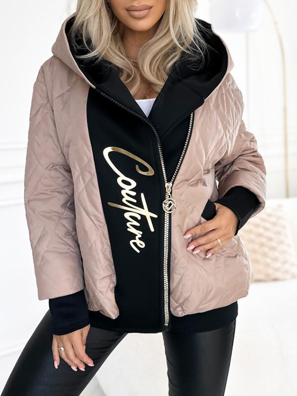 Casual Hooded Zipper Coat with Contrast Color Stitching and Letter Print