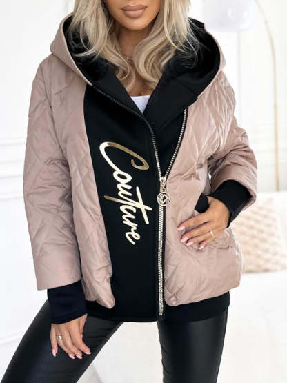 Casual Hooded Zipper Coat with Contrast Color Stitching and Letter Print