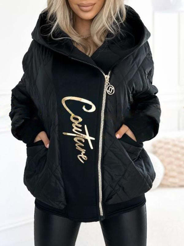 Casual Hooded Zipper Coat with Contrast Color Stitching and Letter Print