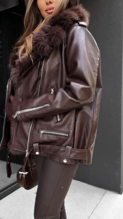Burgundy Leather Jacket with Plush Collar