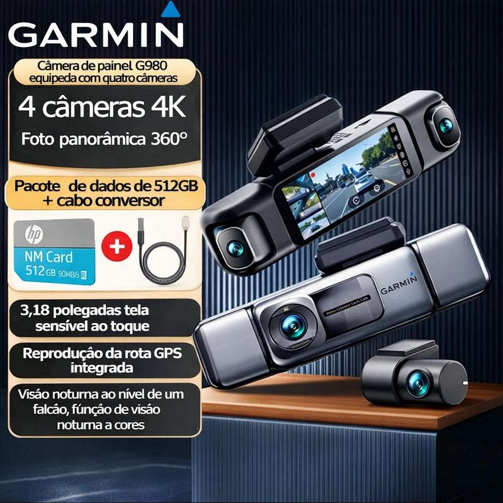 A câmara inteligente para veículos Garmin G980 possui inteligência artificial e controlo por voz, além de estar equipada com quatro câmaras que suportam gravação panorâmica de 360°, visão noturna em ultra-alta definição 4K e seguimento de localização por 