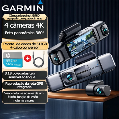 A câmara inteligente para veículos Garmin G980 possui inteligência artificial e controlo por voz, além de estar equipada com quatro câmaras que suportam gravação panorâmica de 360°, visão noturna em ultra-alta definição 4K e seguimento de localização por 