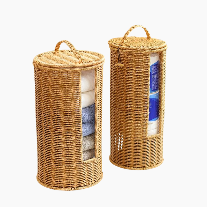 Imitierter Rattan Rundkorb mit Deckel – Aufbewahrungskorb für Handtücher im Hotel und Zuhause