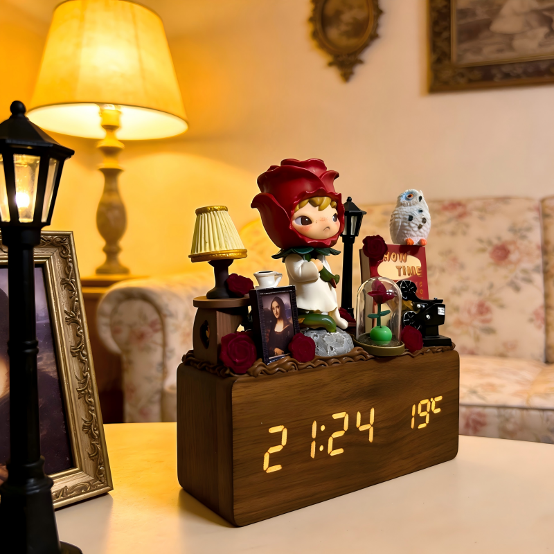 Handcrafted Pop Mart Themed Cream Glue Wooden Alarm Clock