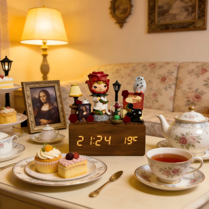 Handcrafted Pop Mart Themed Cream Glue Wooden Alarm Clock