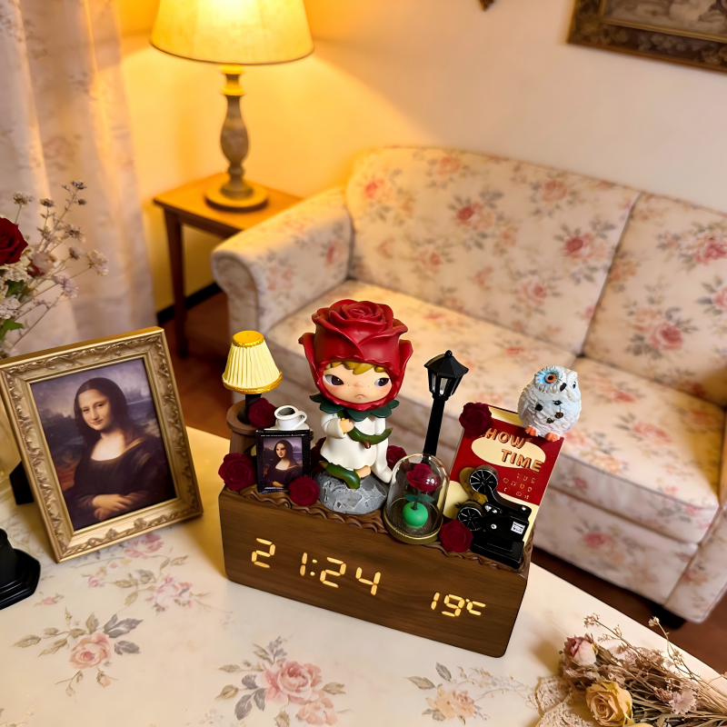 Handcrafted Pop Mart Themed Cream Glue Wooden Alarm Clock