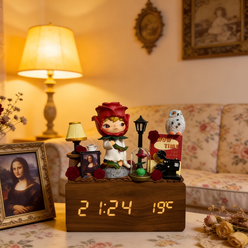 Handcrafted Pop Mart Themed Cream Glue Wooden Alarm Clock