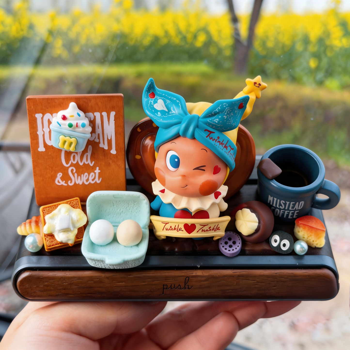 Handmade Pop Mart Twinkle Car Dashboard Decor - Cute Breakfast Scene Desk Ornament for Women