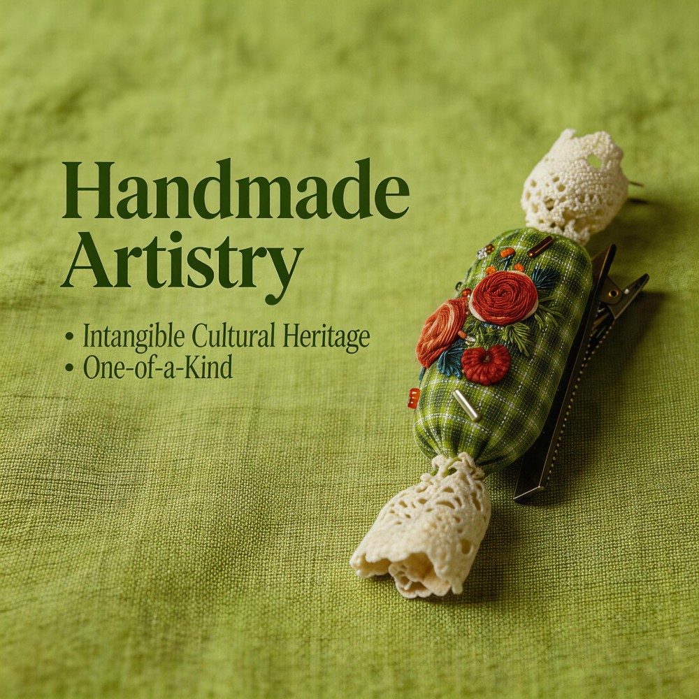 Handmade 3D Floral Hair Tie - Vintage Green Plaid Scrunchie with Crystal & Lace | Artisanal Double Elastic Hair Accessory
