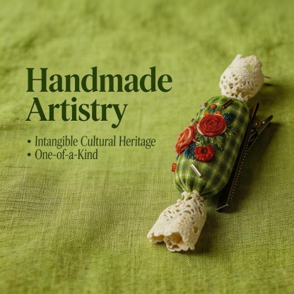 Handmade 3D Floral Hair Tie - Vintage Green Plaid Scrunchie with Crystal & Lace | Artisanal Double Elastic Hair Accessory