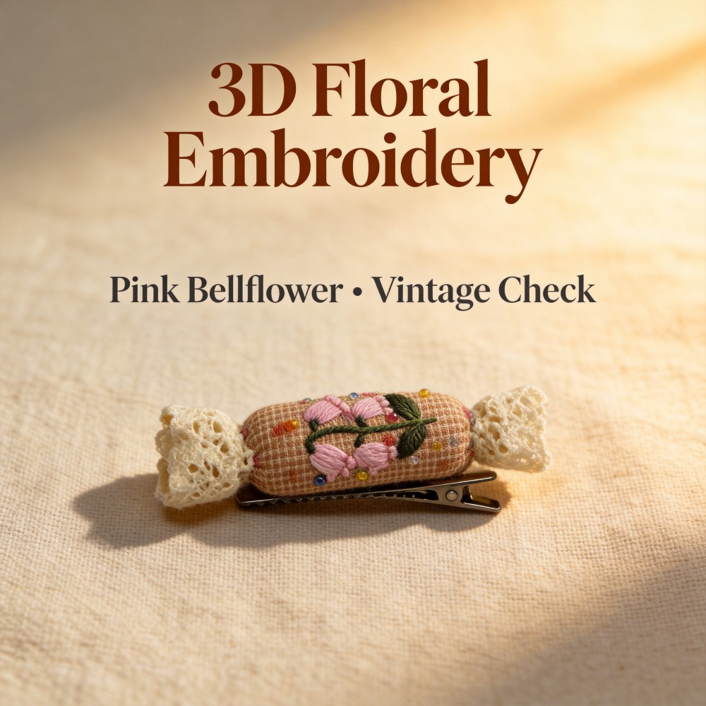Handcrafted Pink Bellflower Hair Clip - Vintage Check Embroidered Barrette with Crochet Lace | Artisanal 3D Floral Hair Accessory