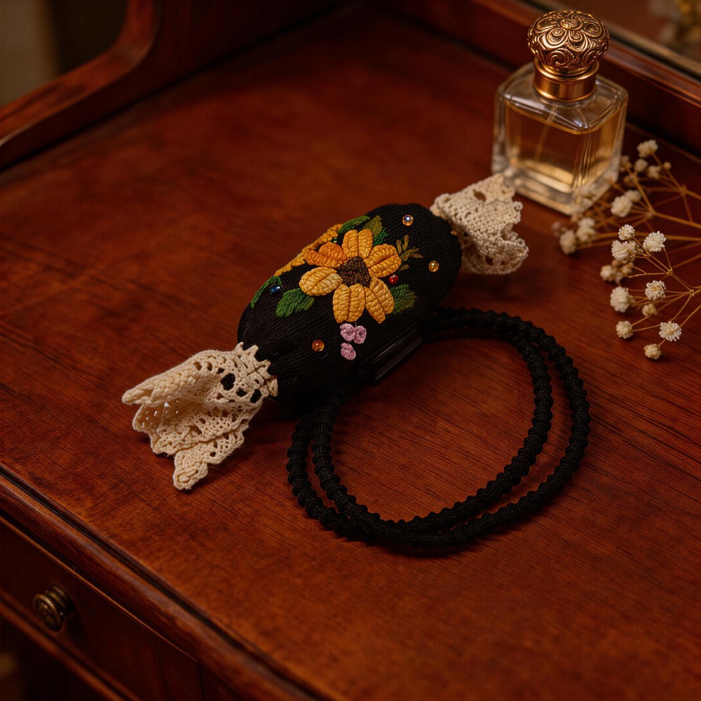 Handcrafted Sunflower Embroidered Hair Tie - Black Elastic Hair Band with Beaded Floral Design & Crochet Lace | Artisanal Vintage Hair Accessory